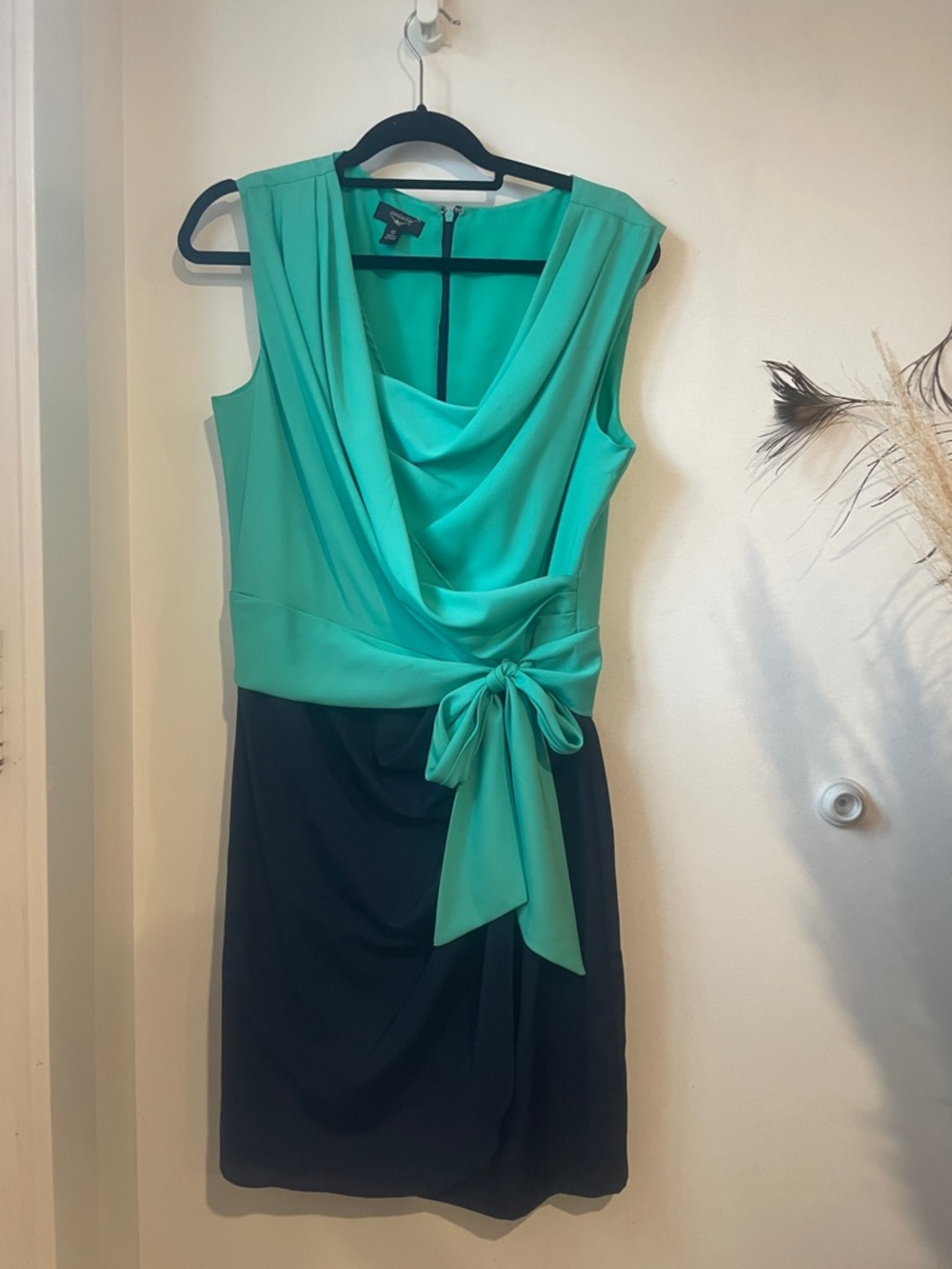 Suzi Chin Teal and Black Draped Tie-Waist Midi Dress Sz 12 B128